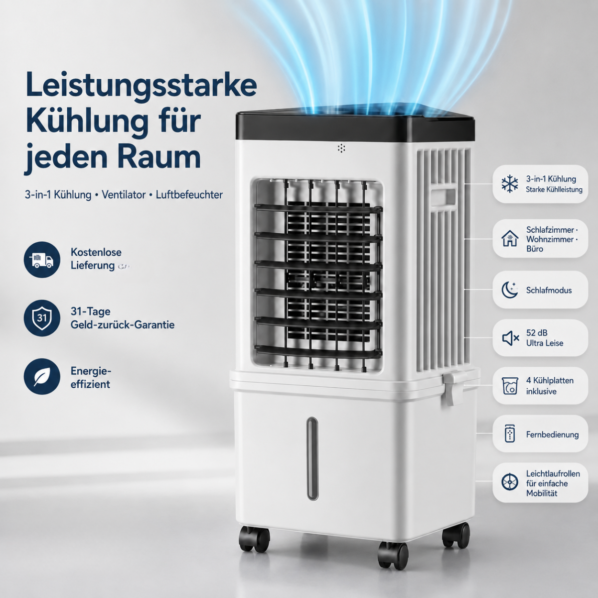 ArcticCool Pro Mobiler Luftkühler ohne Abluftschlauch, 15 L Tank, Eiskühlung, 3-in-1 mit Fernbedienung – Bild 4