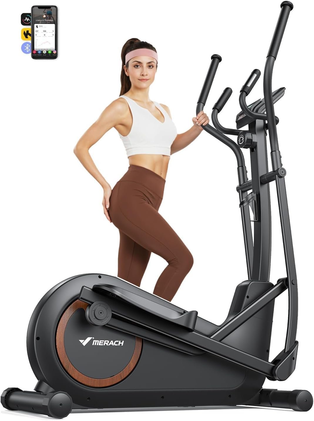MERACH Crosstrainer selbstversorgend, 42 cm Schrittlänge, 16 Magnetstufen, App, bis 150 kg, Schwarz