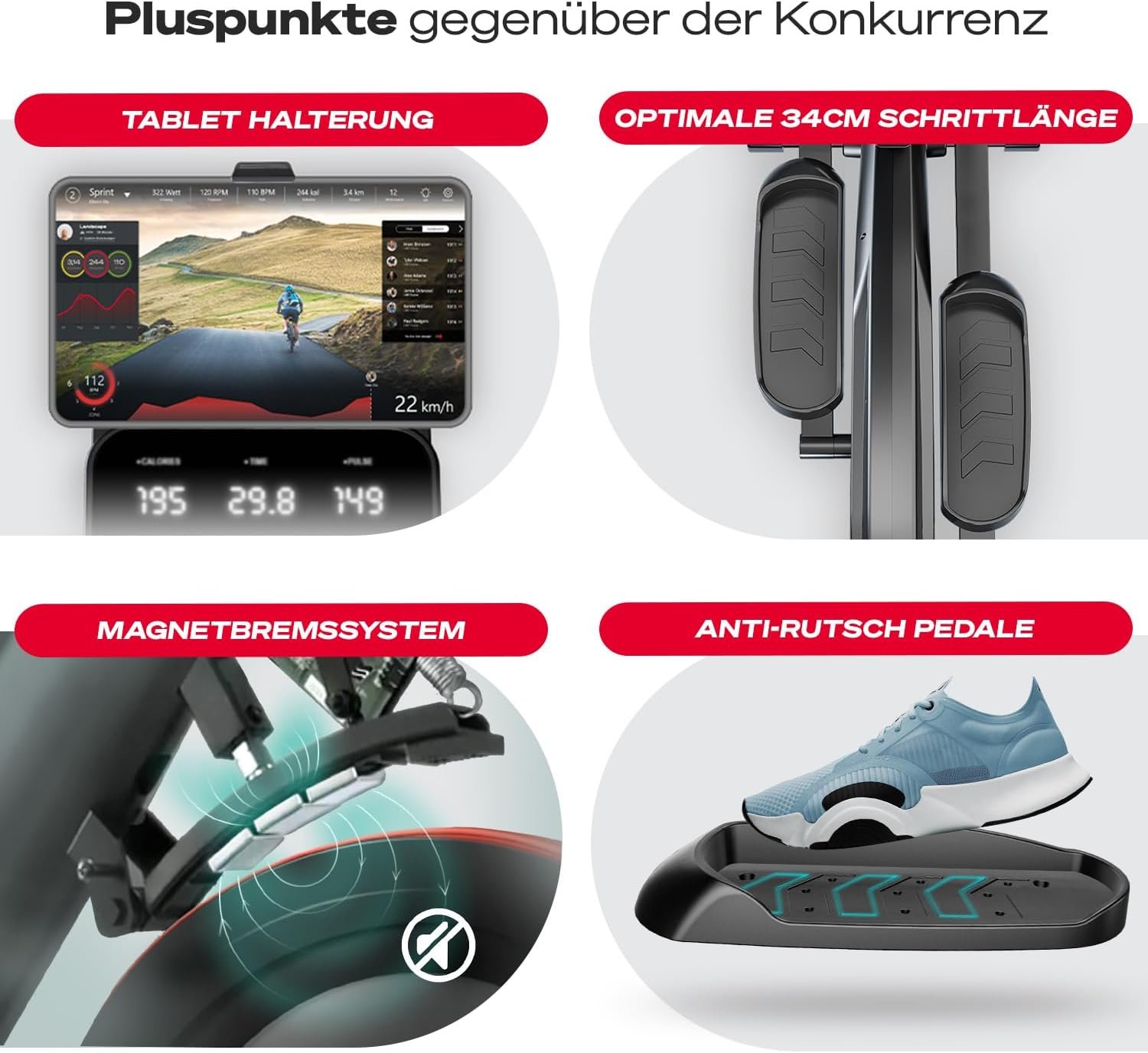 Sportstech CX700 Crosstrainer 24 kg Schwungmasse, 24 Widerstandsstufen, Bluetooth, Schwarz – Bild 4