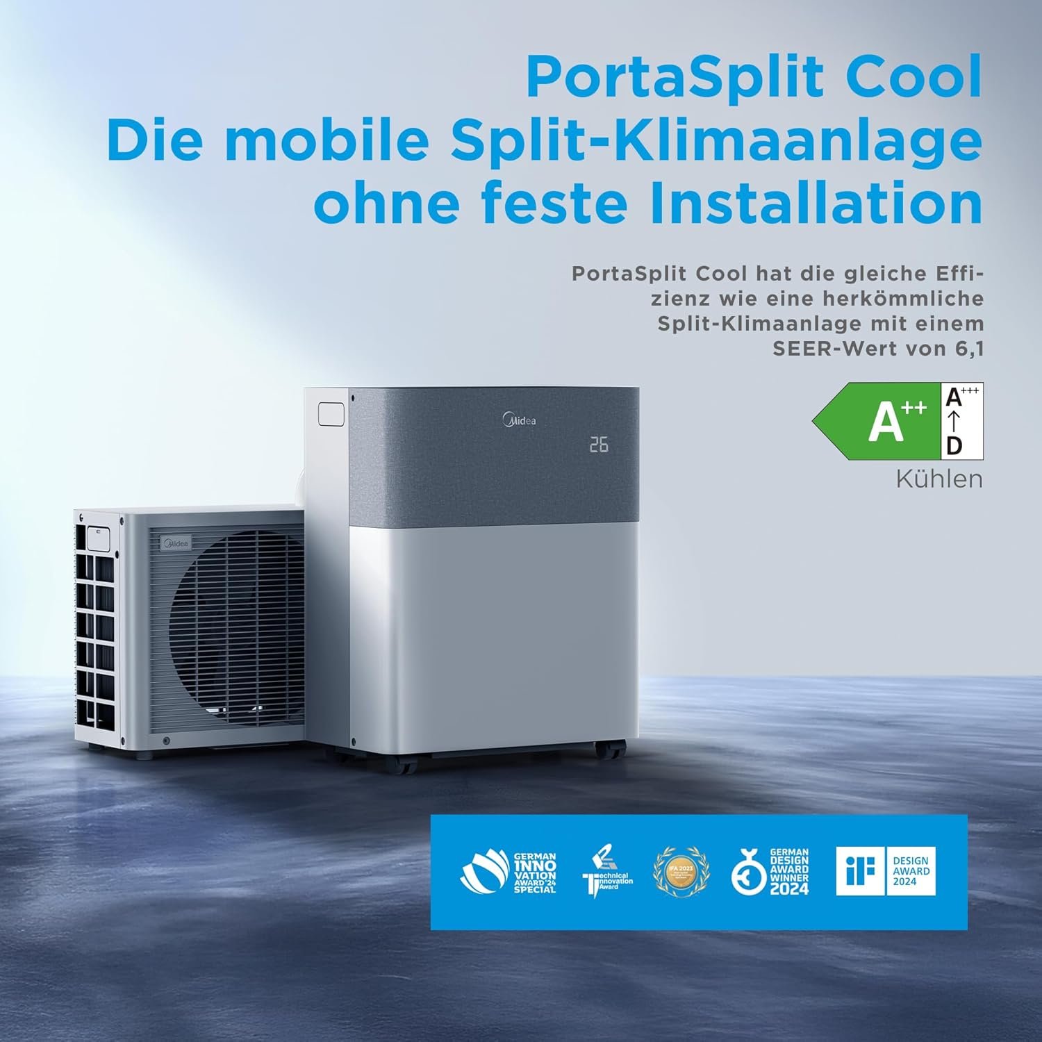 Midea Portasplit Cool Mobile Klimaanlage, nur Kühlung, A++, 8.000 BTU (2,35 kW) – Bild 2
