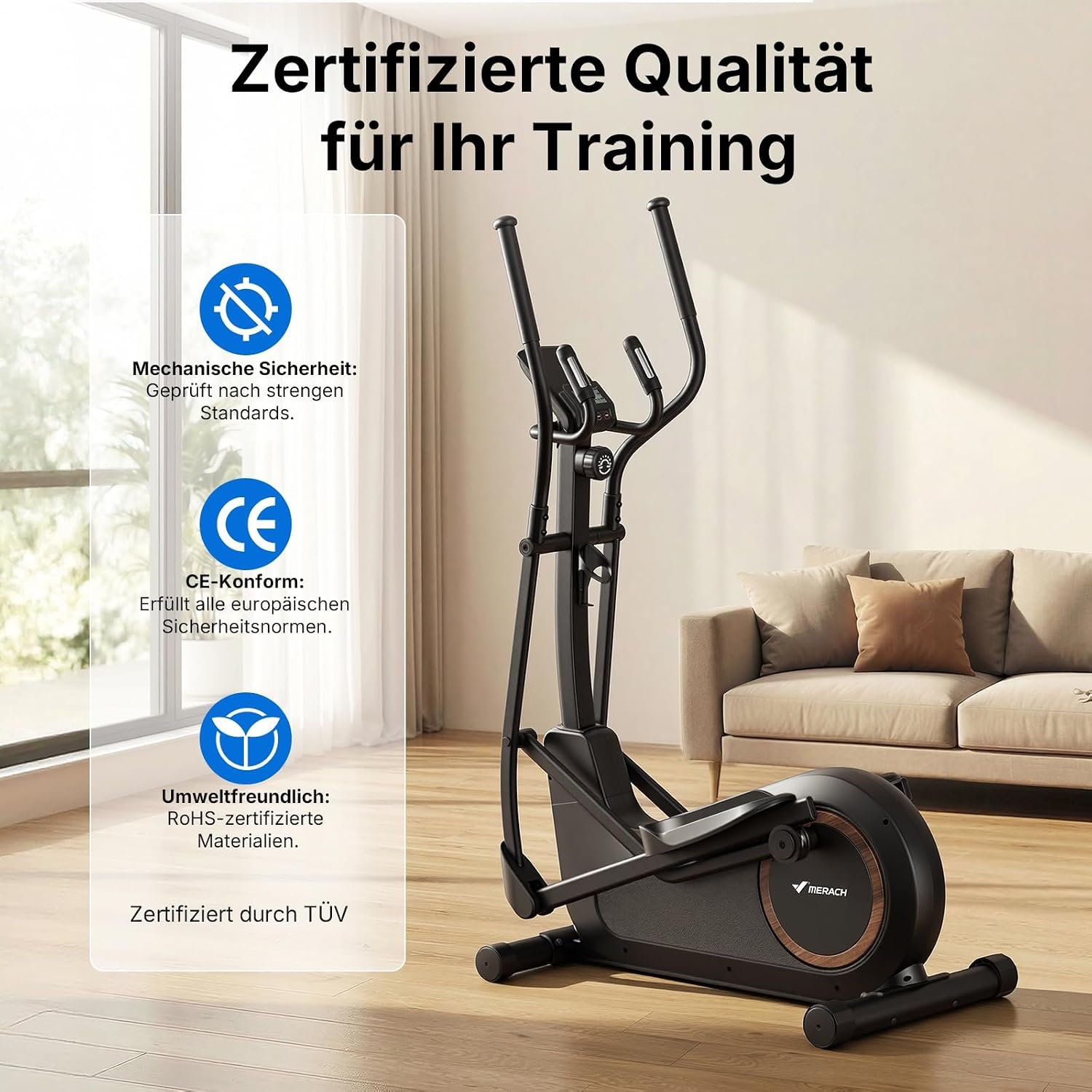 MERACH Crosstrainer selbstversorgend, 42 cm Schrittlänge, 16 Magnetstufen, App, bis 150 kg, Schwarz – Bild 10