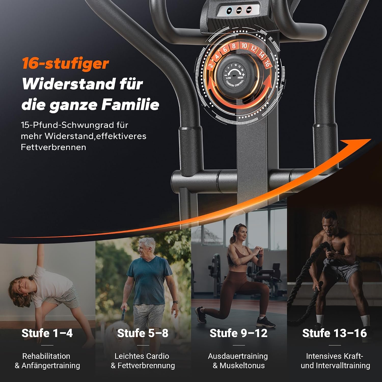 MERACH Crosstrainer selbstversorgend, 42 cm Schrittlänge, 16 Magnetstufen, App, bis 150 kg, Schwarz – Bild 7