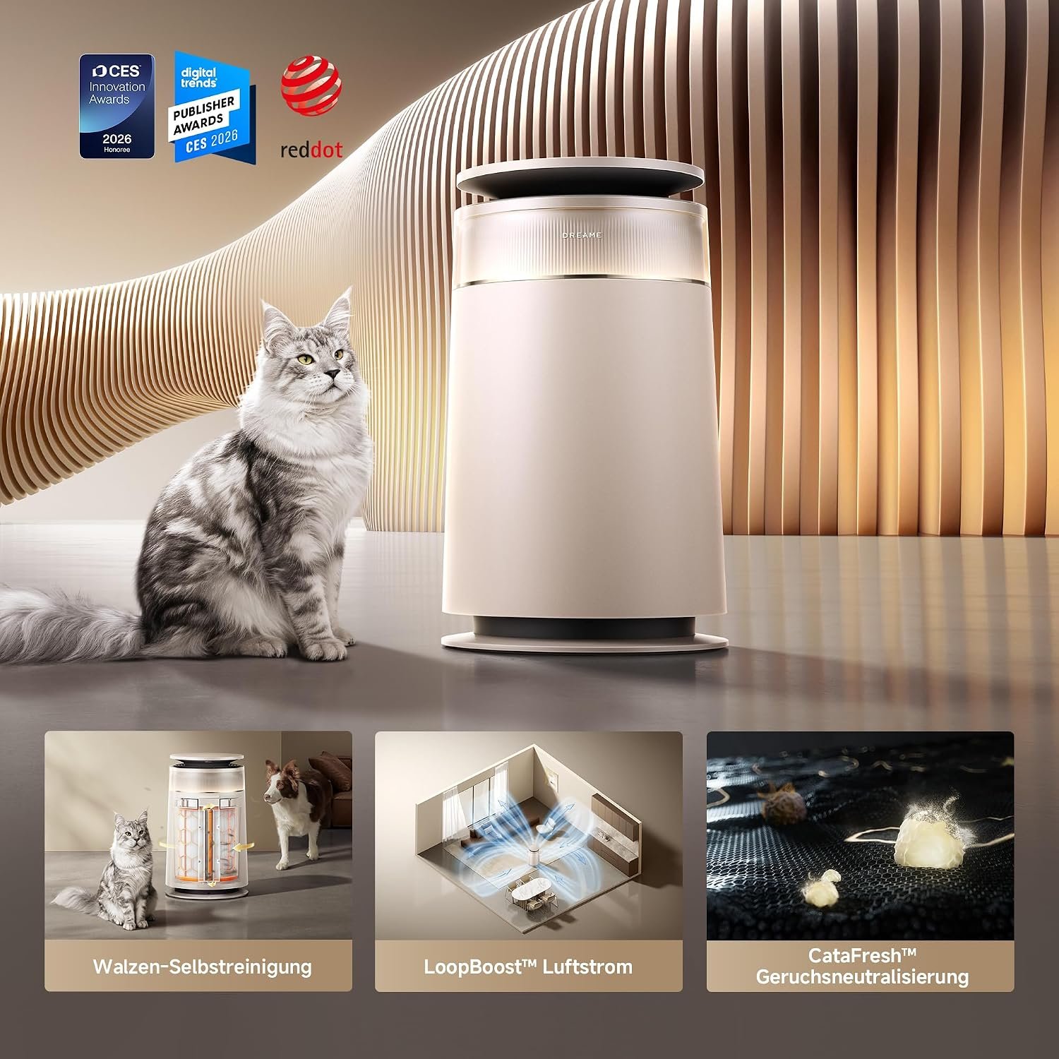 Dreame FP10 Luftreiniger mit HEPA-Filter & Walzen-Selbstreinigung, ideal bei Tierhaaren, Gold – Bild 2