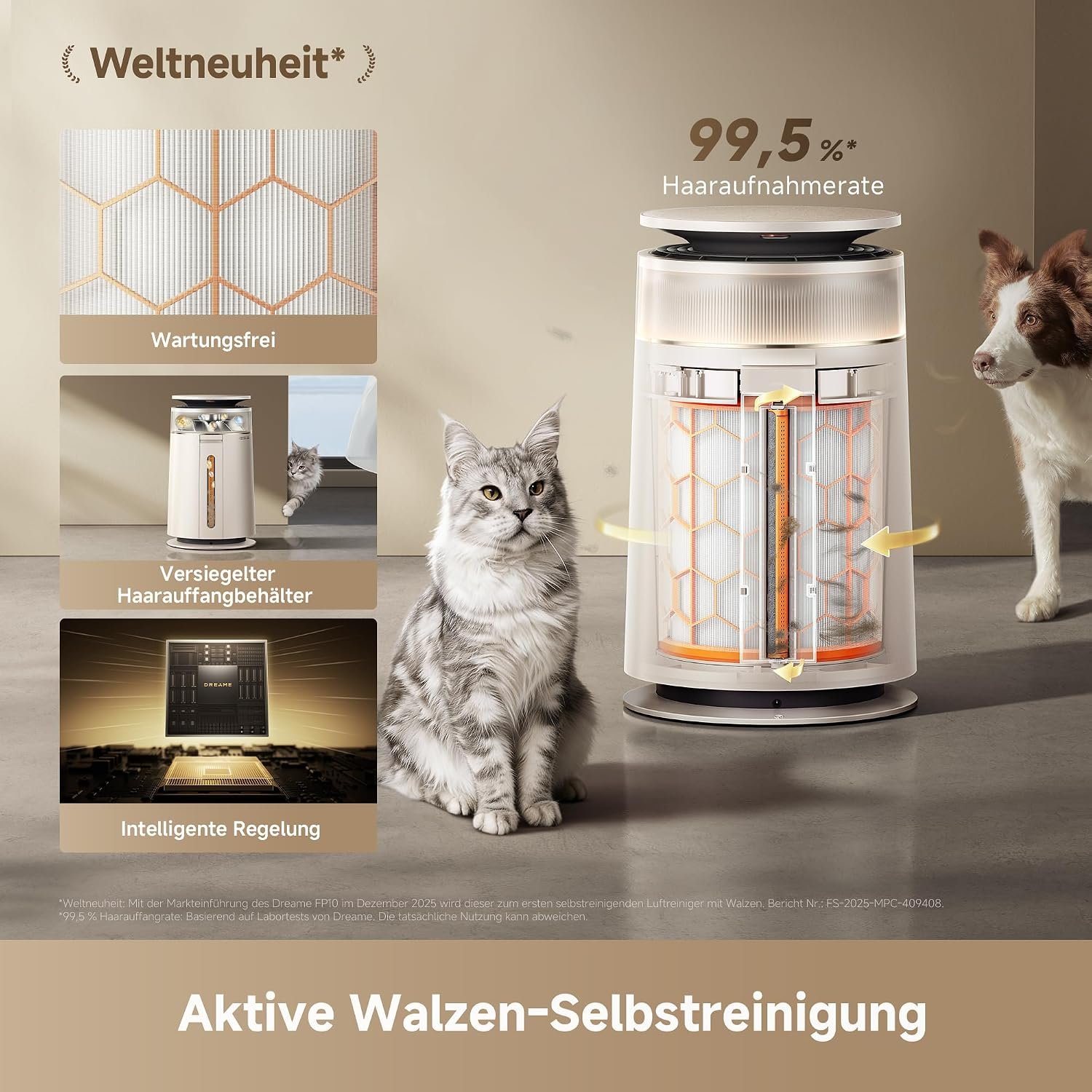 Dreame FP10 Luftreiniger mit HEPA-Filter & Walzen-Selbstreinigung, ideal bei Tierhaaren, Gold – Bild 3