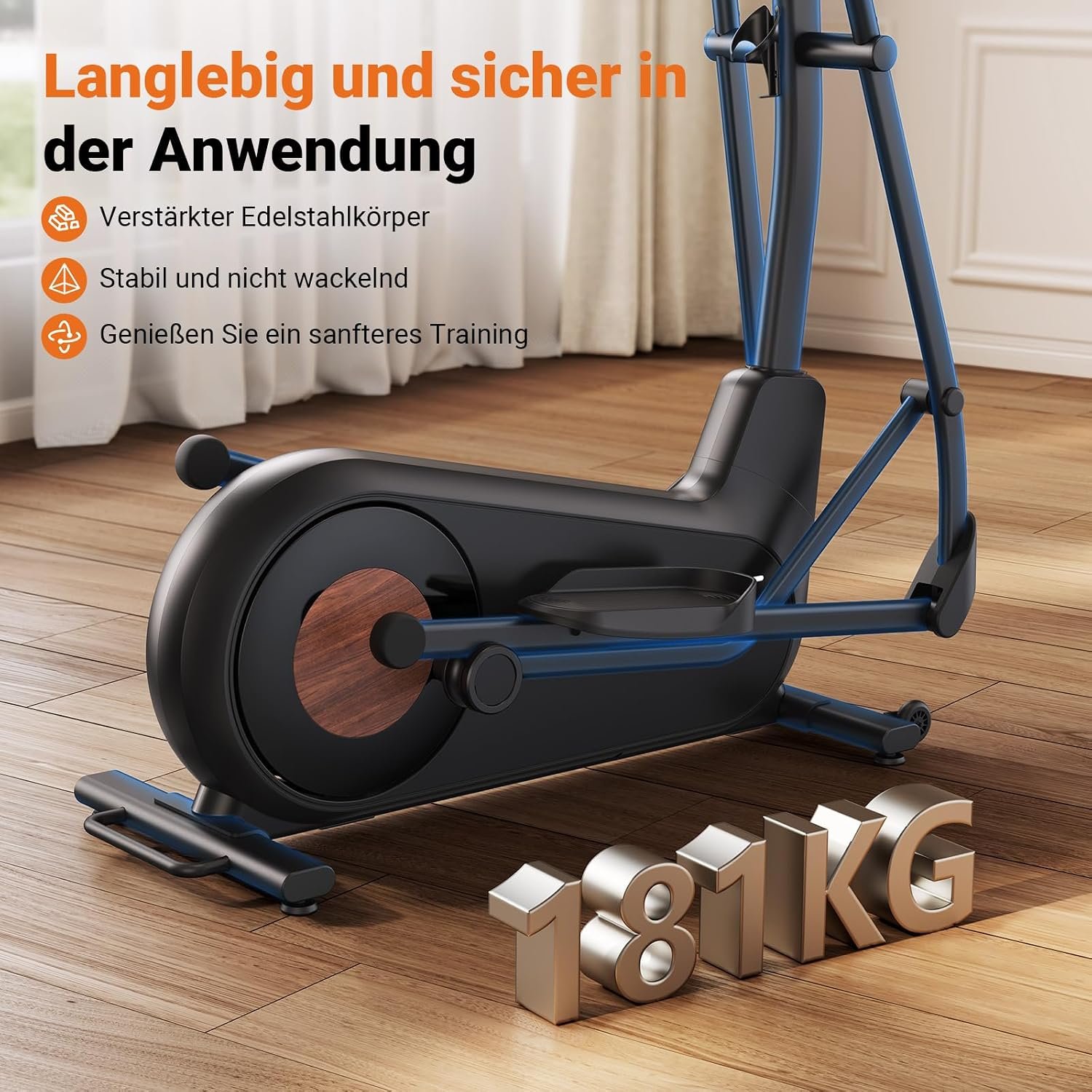 MERACH E27B1 Crosstrainer selbstversorgend, 47 cm Schrittlänge, 16 Magnetstufen, bis 180 kg, Schwarz – Bild 5