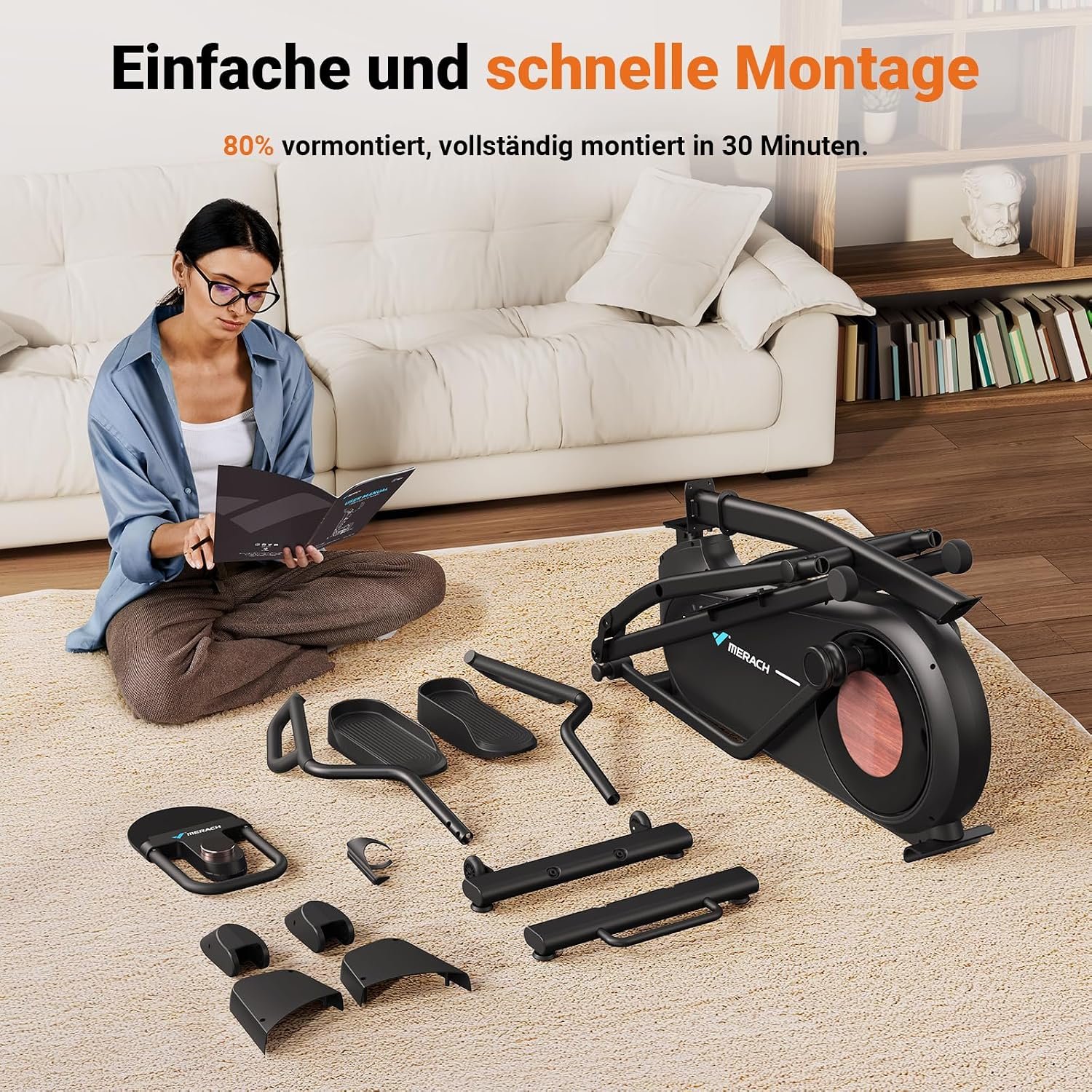 MERACH E27B1 Crosstrainer selbstversorgend, 47 cm Schrittlänge, 16 Magnetstufen, bis 180 kg, Schwarz – Bild 8