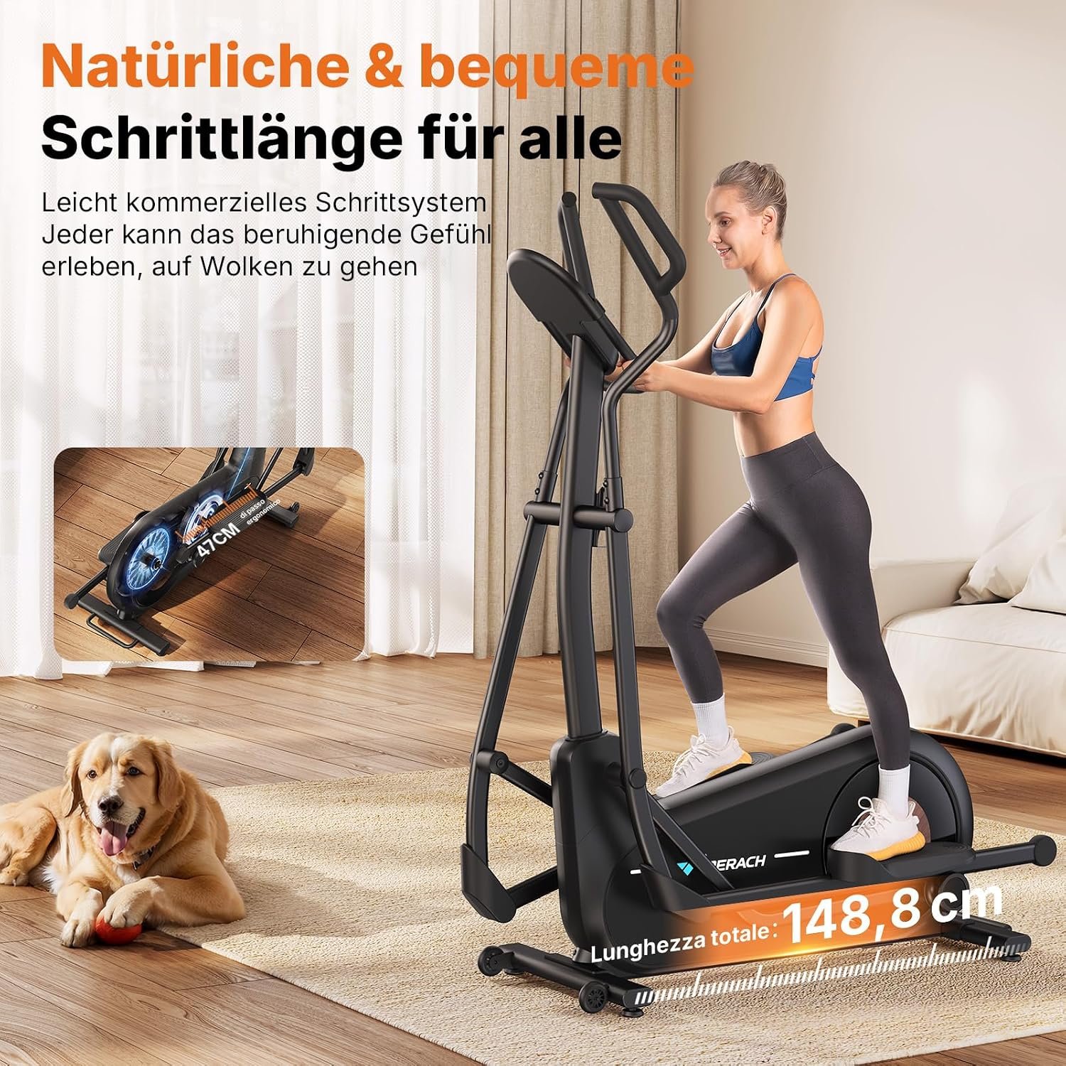 MERACH E27B1 Crosstrainer selbstversorgend, 47 cm Schrittlänge, 16 Magnetstufen, bis 180 kg, Schwarz – Bild 2