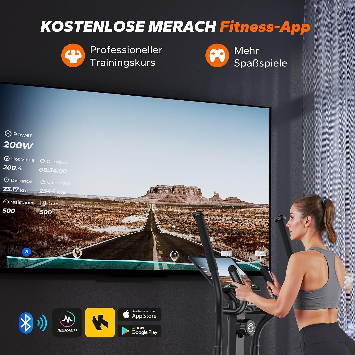 MERACH Crosstrainer selbstversorgend, 42 cm Schrittlänge, 16 Magnetstufen, App, bis 150 kg, Schwarz – Bild 3