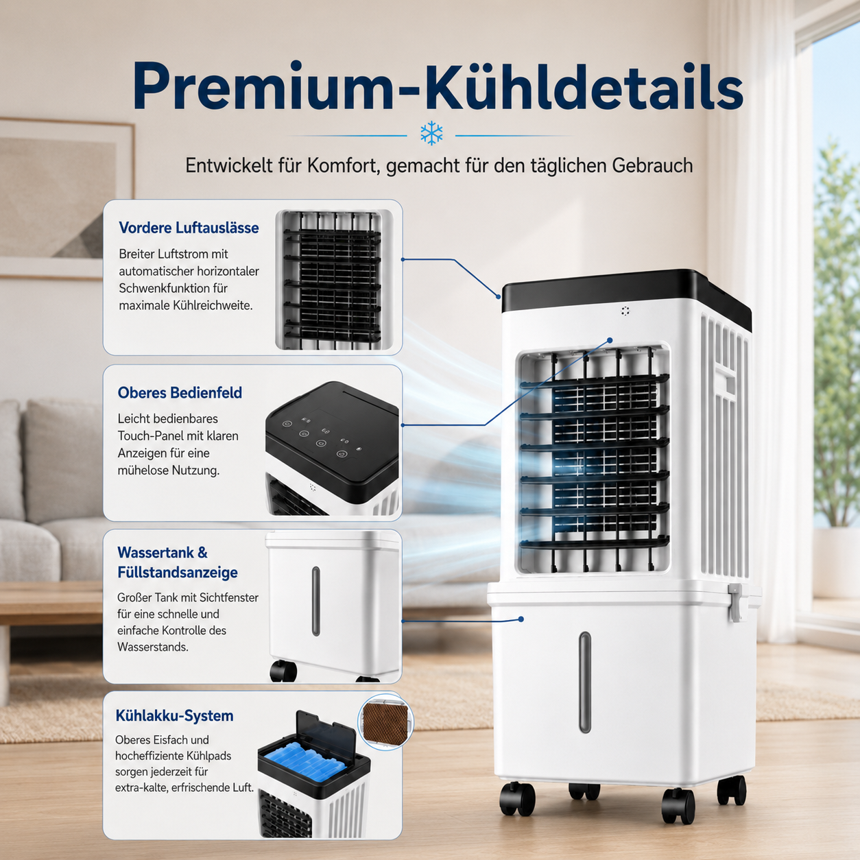 ArcticCool Pro Mobiler Luftkühler ohne Abluftschlauch, 15 L Tank, Eiskühlung, 3-in-1 mit Fernbedienung – Bild 2
