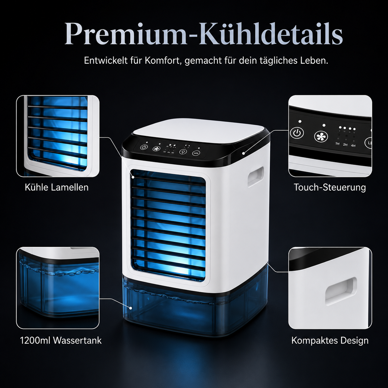 CoolCube Mini-Klimaanlage mit Wasserkühlung, 1200 ml Tank, 3-in-1 Luftkühler USB, leise – Bild 2