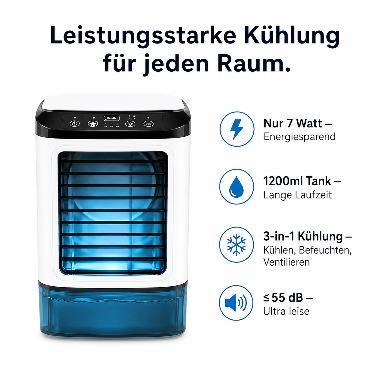 CoolCube Mini-Klimaanlage mit Wasserkühlung, 1200 ml Tank, 3-in-1 Luftkühler USB, leise – Bild 4