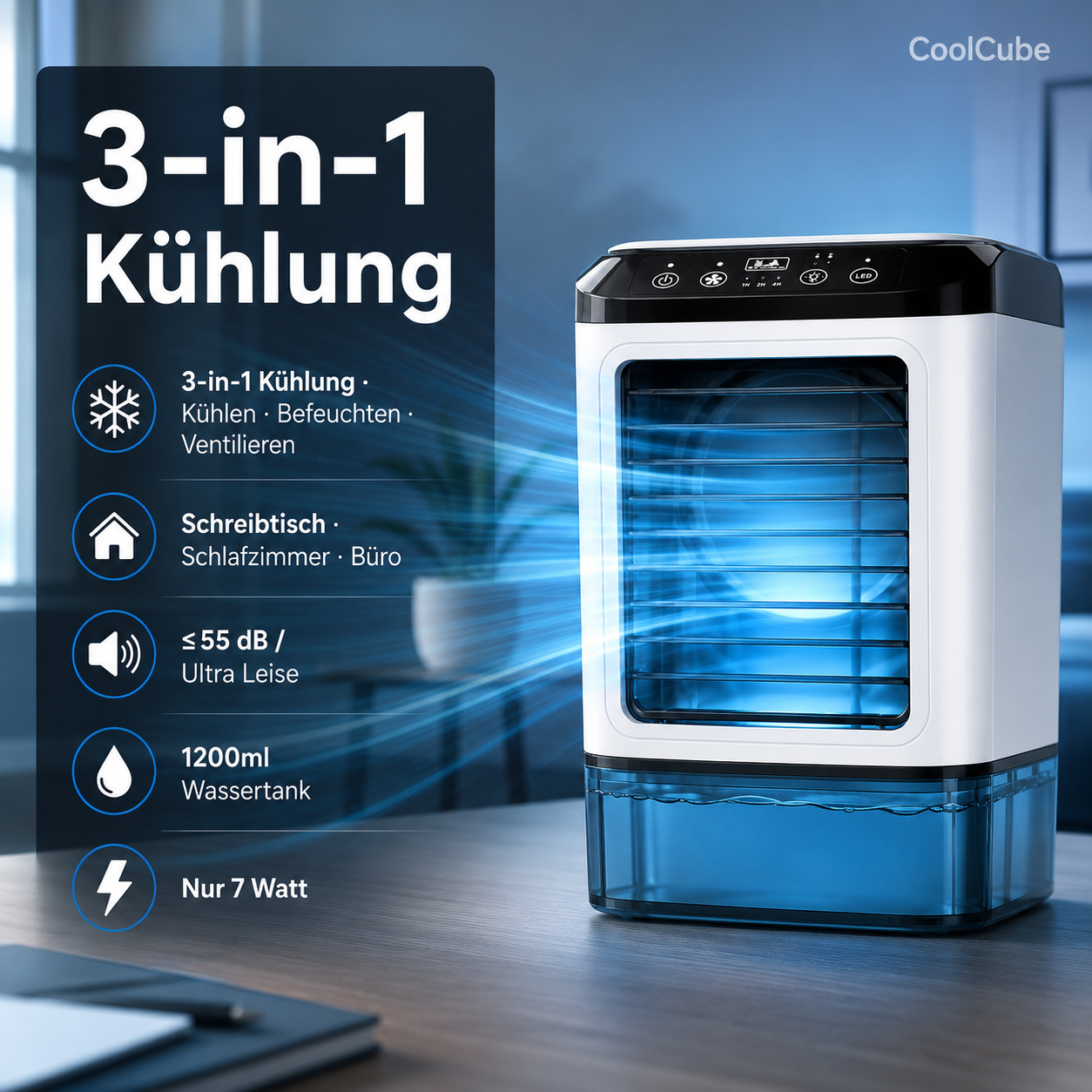 CoolCube Mini-Klimaanlage mit Wasserkühlung, 1200 ml Tank, 3-in-1 Luftkühler USB, leise – Bild 5